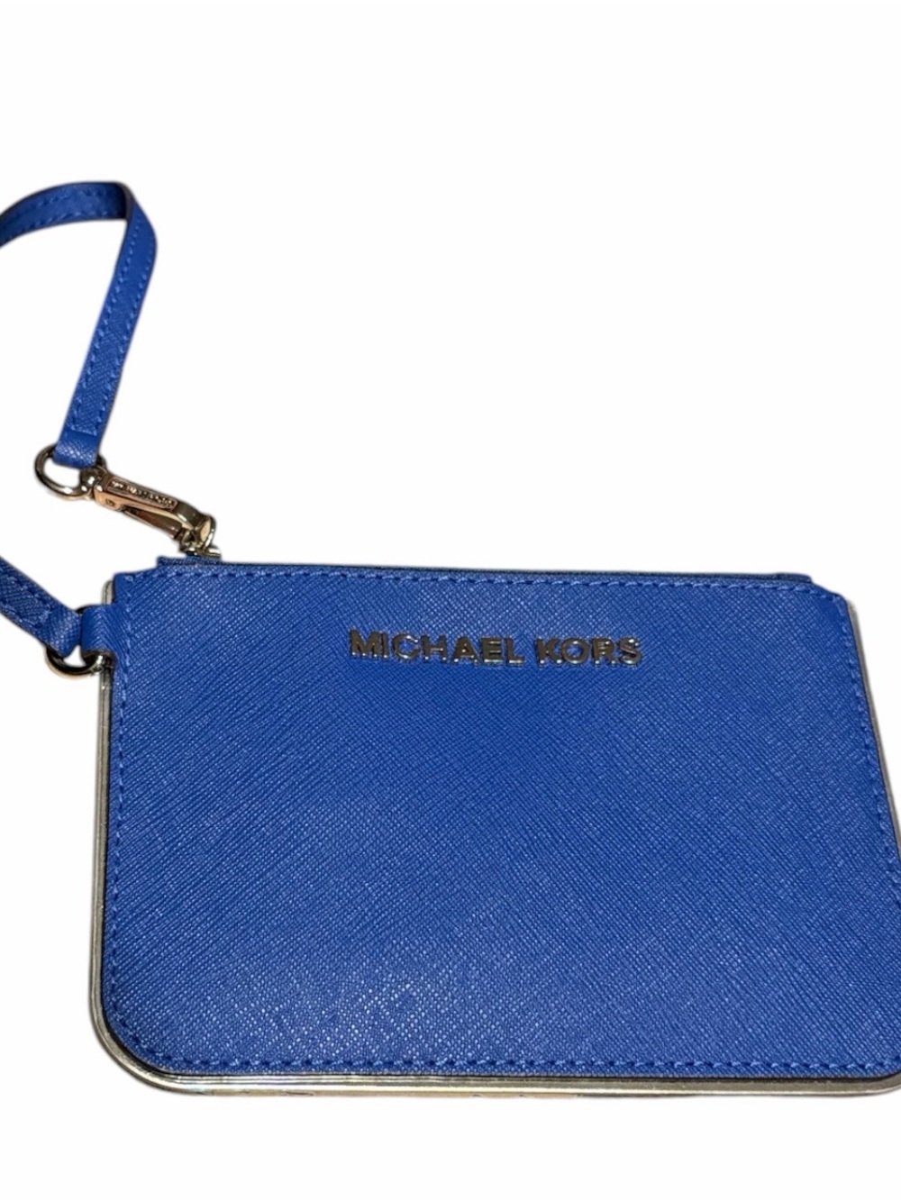 EUC Michael Kors Royal Blue Saffiano Wristlet Card Case w/Silver Lettering &Trim